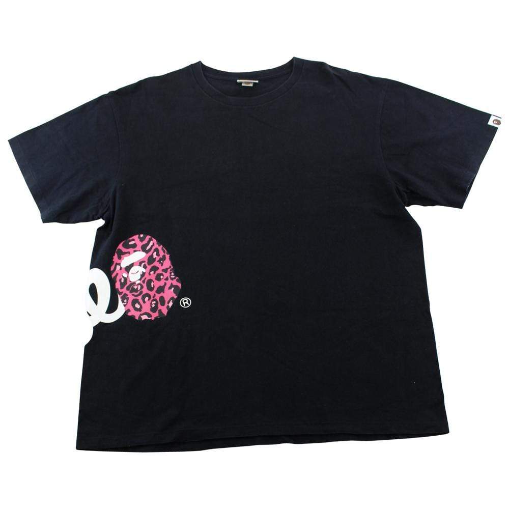 Bape Text Side Pink Leopard Print Logo Tee Black - SaruGeneral