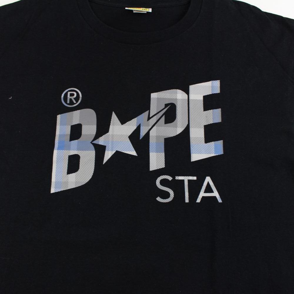 Bape Blue Tartan Bapesta Logo Tee Black - SaruGeneral