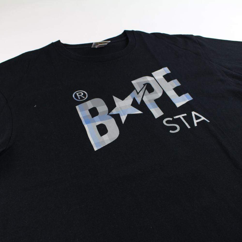 Bape Blue Tartan Bapesta Logo Tee Black - SaruGeneral