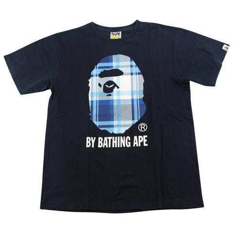 Bape Blue tartan Big Ape Logo Tee Black