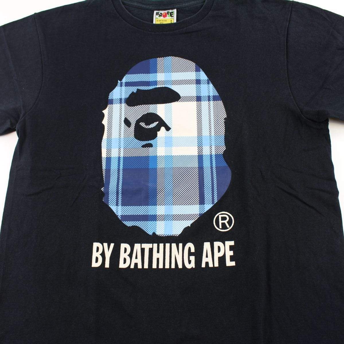 Bape Blue tartan Big Ape Logo Tee Black - SaruGeneral