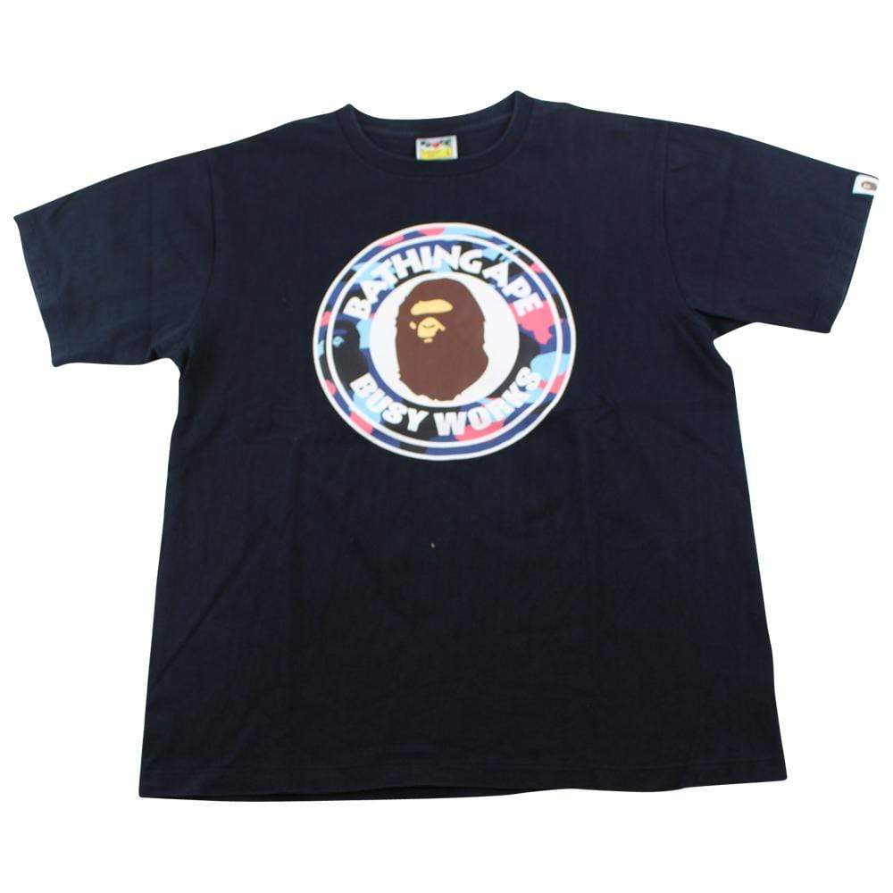 Bape Pink & Blue Camo Busy Works Logo Tee Black - SaruGeneral