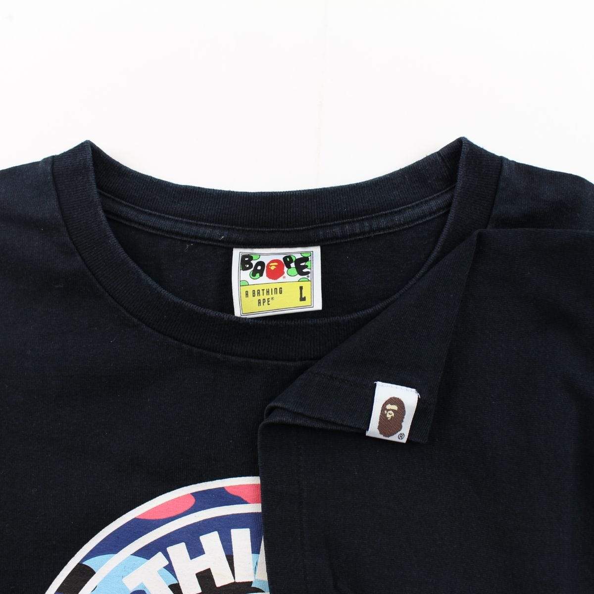 Bape Pink & Blue Camo Busy Works Logo Tee Black - SaruGeneral