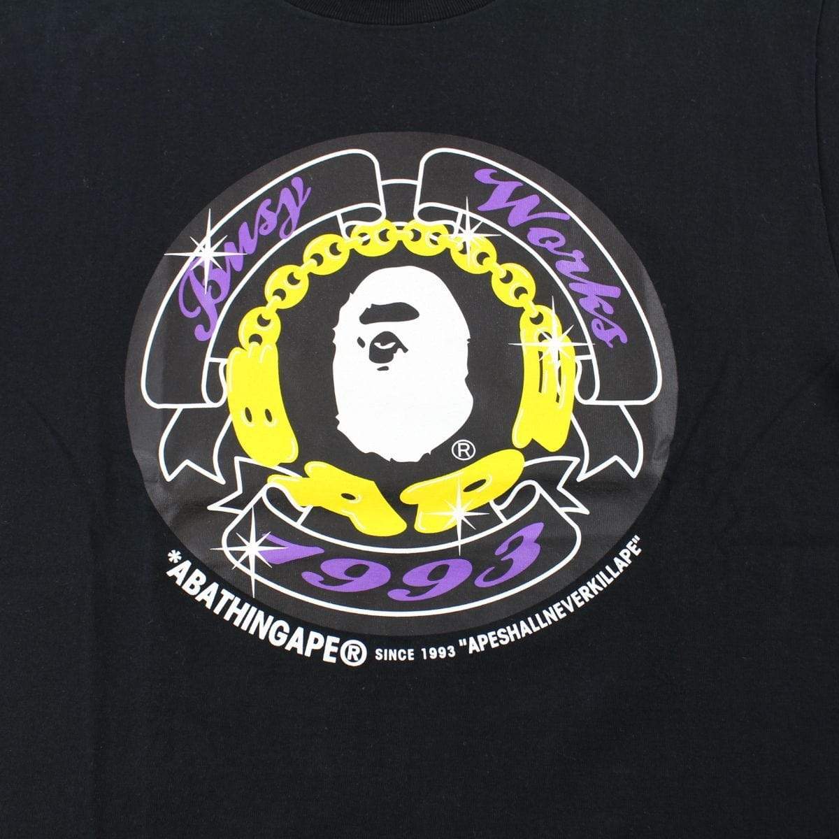 Bape Ape Logo Yellow Purple Text Circle Tee Black - SaruGeneral