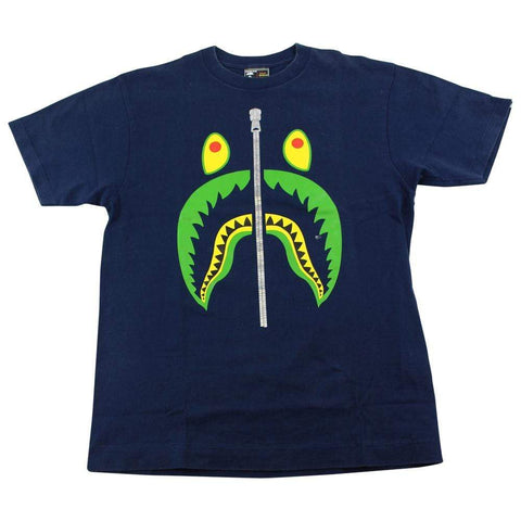 Bape Green Yellow Shark Face Tee Navy