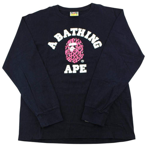 Bape Pink Leopard Print College Logo LS Black