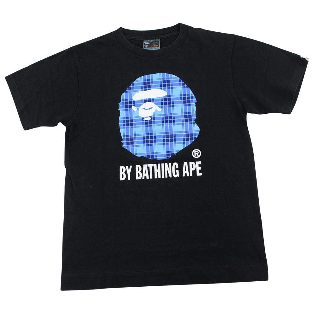 Bape Blue Plaid Big Ape Logo Tee Black - SaruGeneral