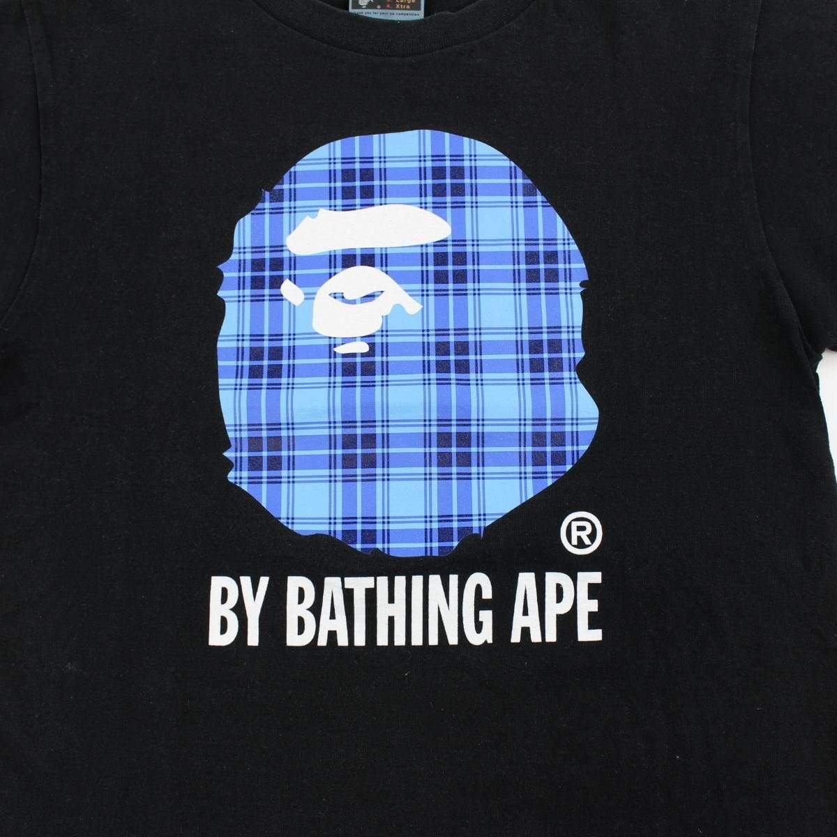 Bape Blue Plaid Big Ape Logo Tee Black - SaruGeneral