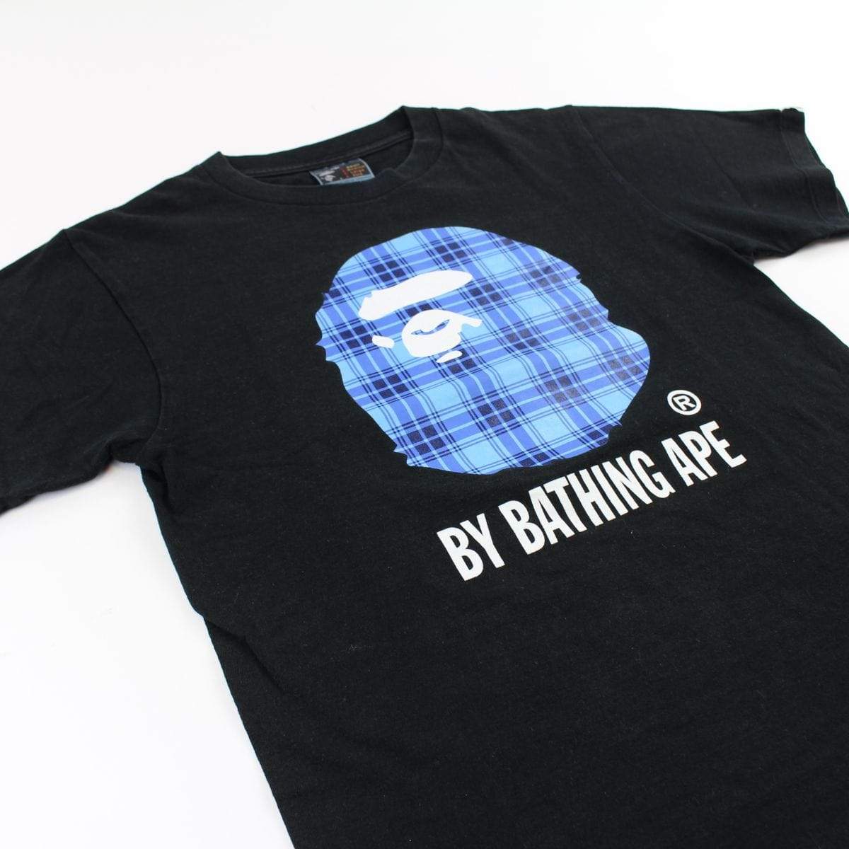 Bape Blue Plaid Big Ape Logo Tee Black - SaruGeneral