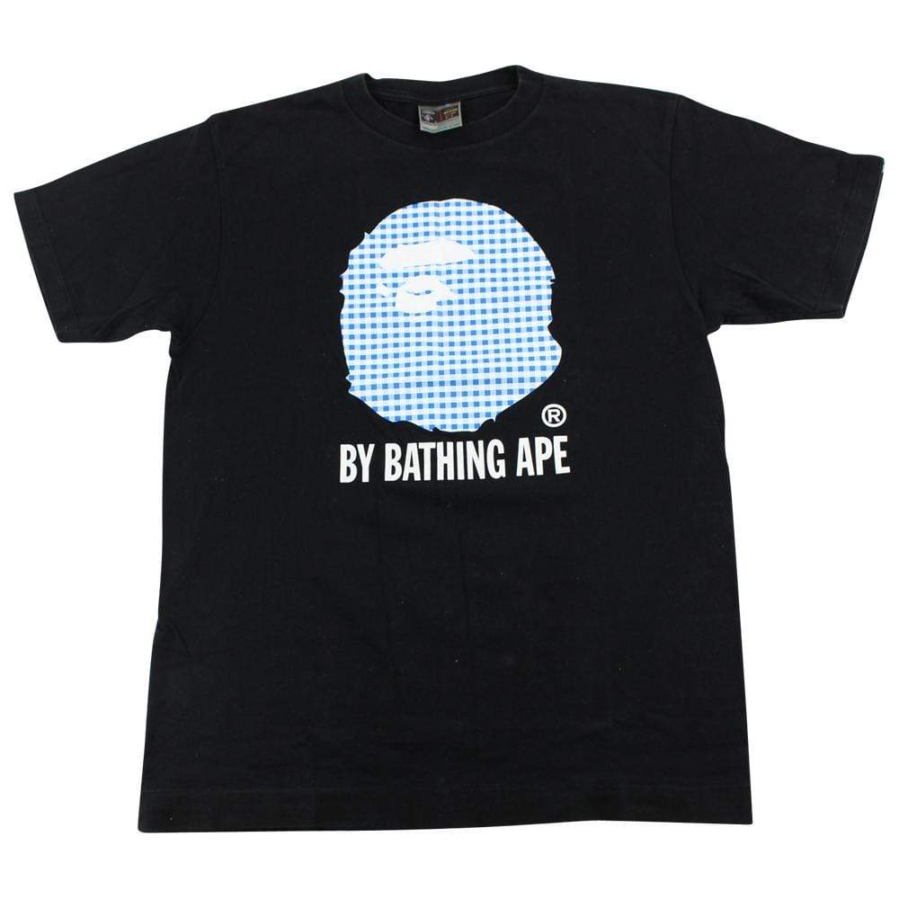 Bape Blue White Checkered Big Ape Logo Tee Black - SaruGeneral