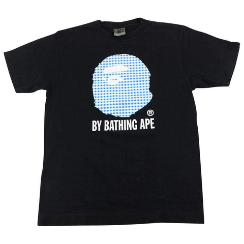 Bape Blue White Checkered Big Ape Logo Tee Black