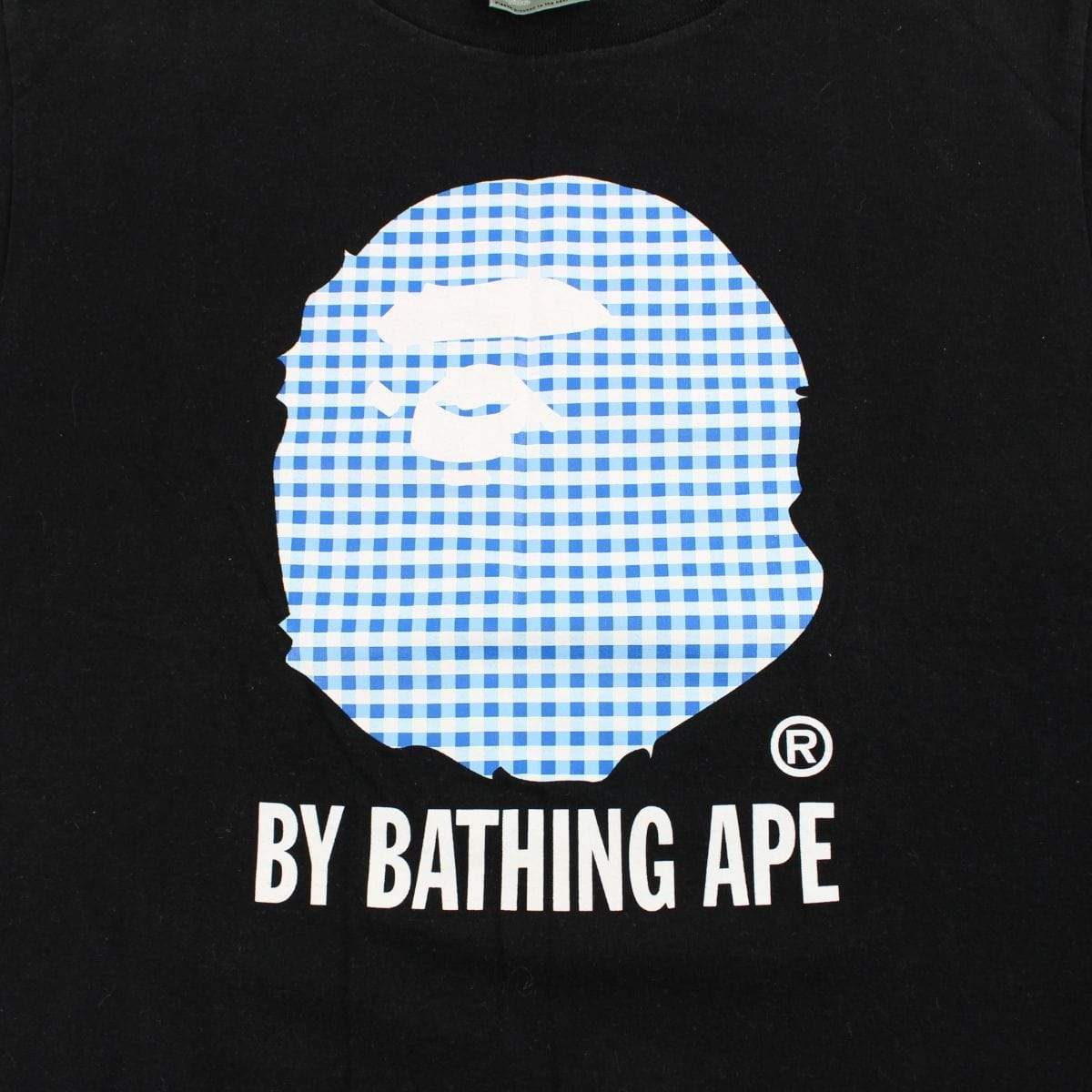 Bape Blue White Checkered Big Ape Logo Tee Black - SaruGeneral