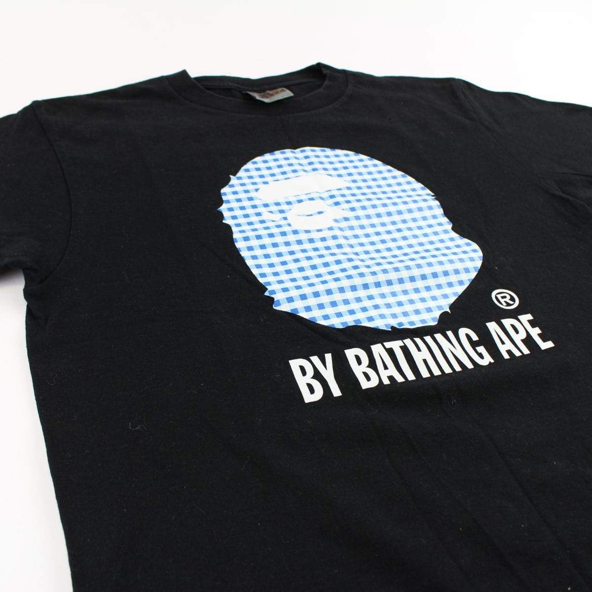 Bape Blue White Checkered Big Ape Logo Tee Black - SaruGeneral