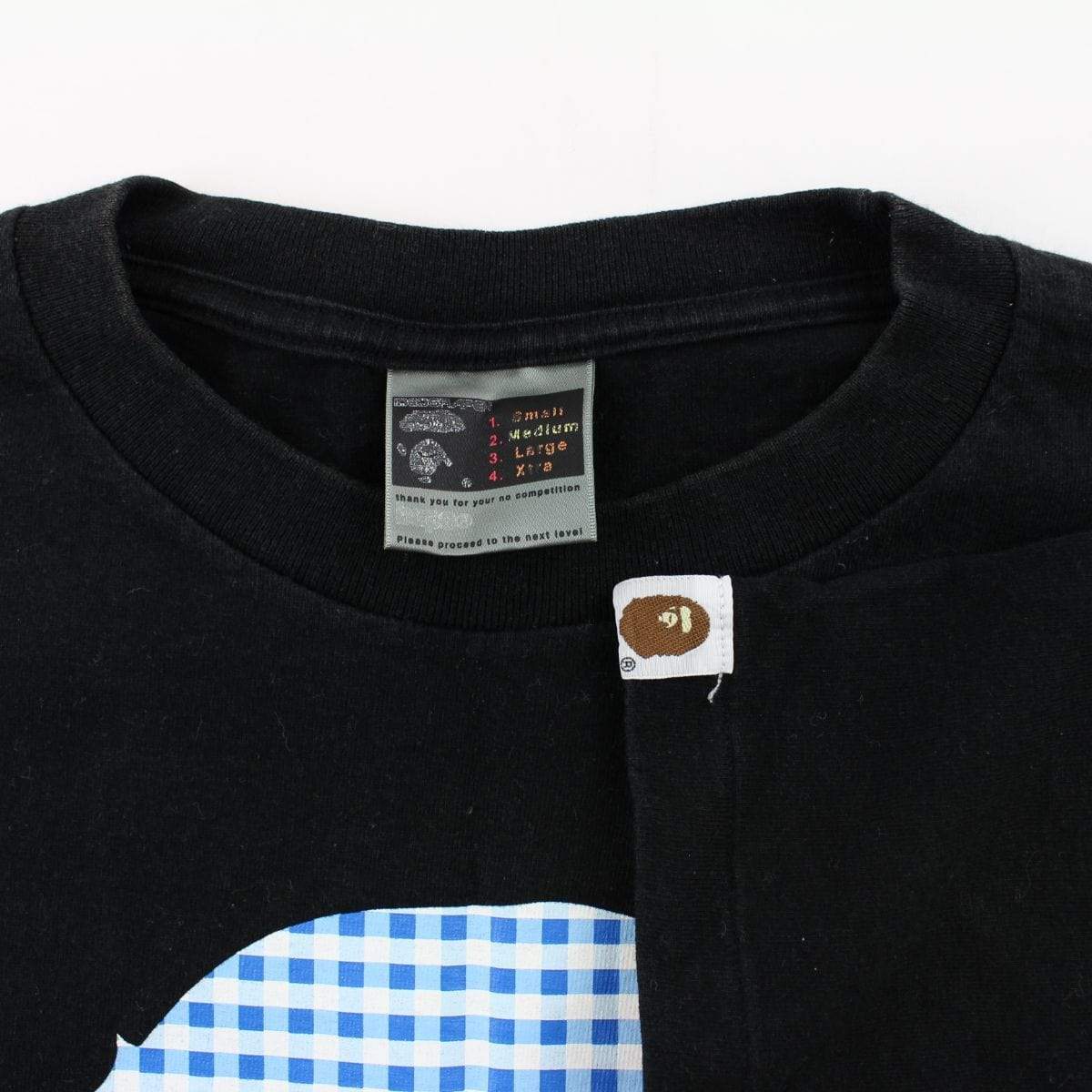 Bape Blue White Checkered Big Ape Logo Tee Black - SaruGeneral