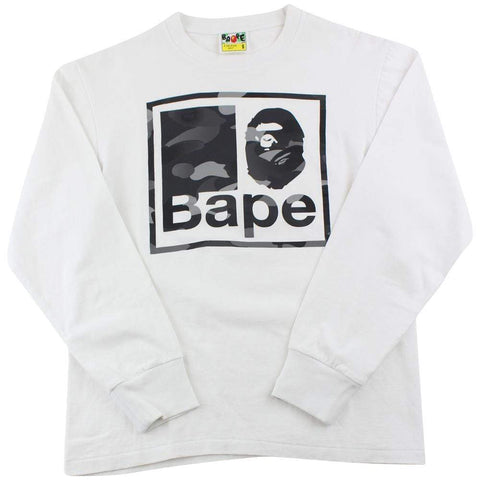 Bape Grey Camo Ape Text Square Logo LS White