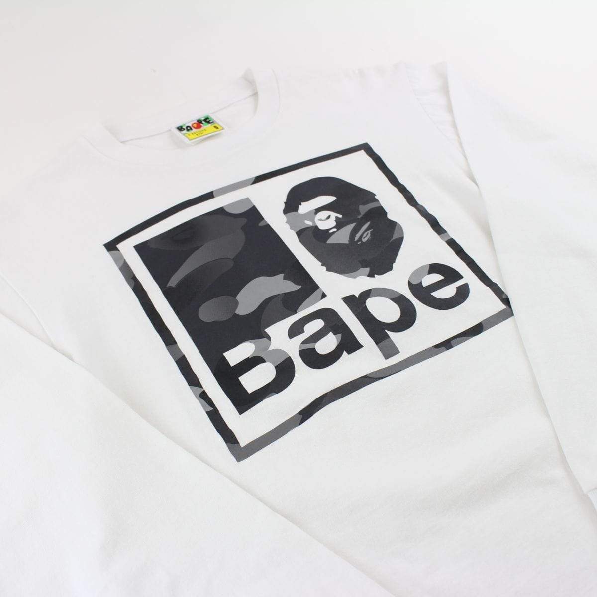 Bape Grey Camo Ape Text Square Logo LS White - SaruGeneral