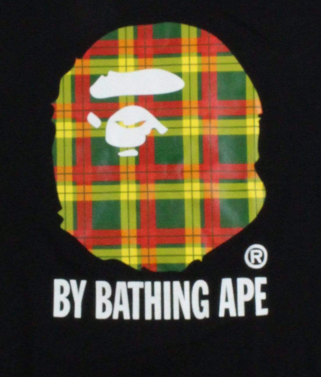 Bape Red Yellow Green Plaid Big Ape Logo Tee Black - SaruGeneral