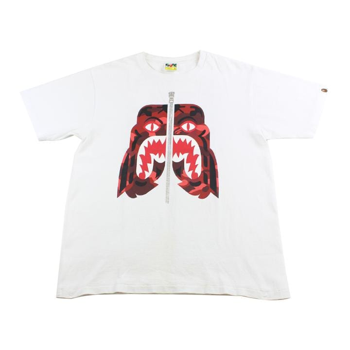Bape Red Camo Tiger Shark Face Tee White - SaruGeneral