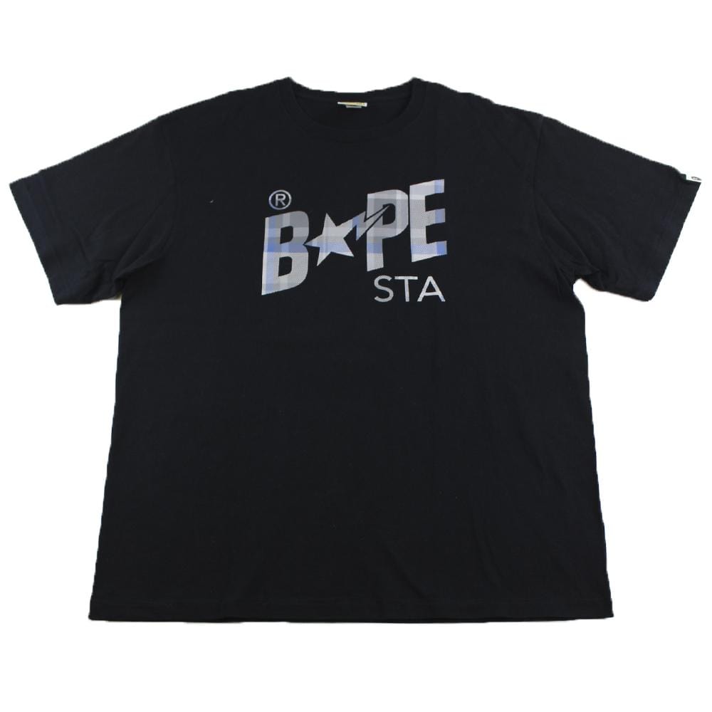 Bape Blue Tartan Bapesta Logo Tee Black - SaruGeneral