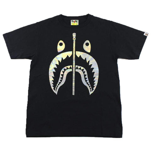 T-shirt Bape Silver holographique avec motif tête de requin noir