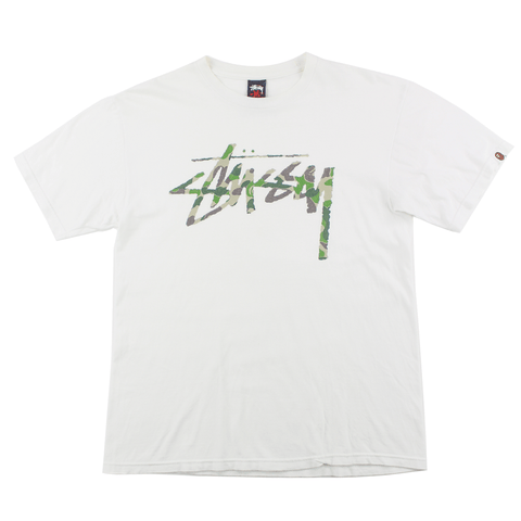 Bape x Stussy Green Camo Logo Tee White