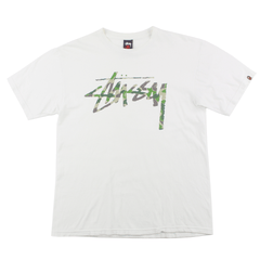 Bape x Stussy Green Camo Logo Tee White